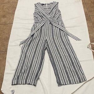 Jones New York Black and White Striped Jumpsuit with Wide-Leg Design